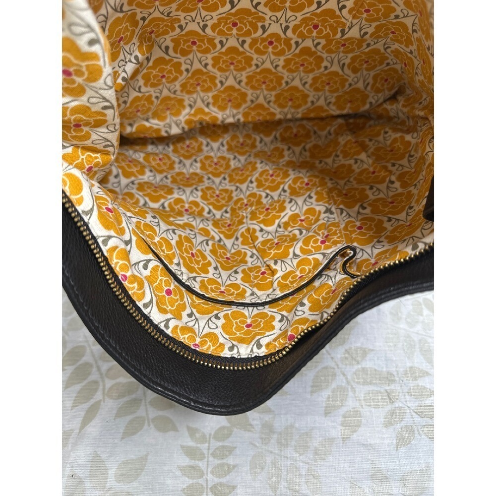 Emma Fox Black Leather Hobo Bag Tri-Color Buckle Pockets Floral Lining Large - Picture 7 of 8